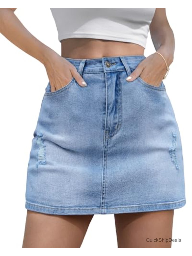 High Waisted Denim Skort With Slit And 5 Pockets
